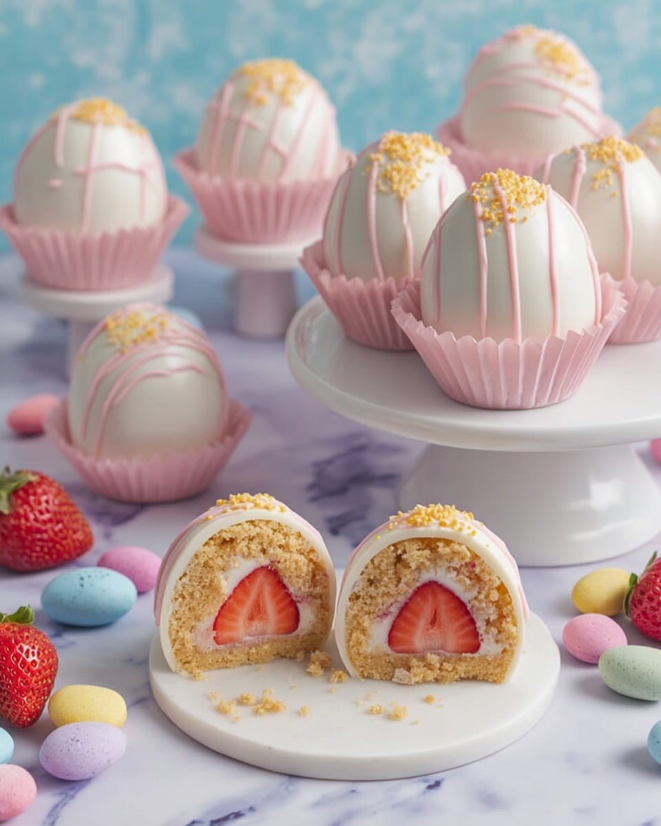 The image shows several smooth white egg-shaped desserts set on a white cake stand and a white plate, each covered in a layer of glossy white icing with thin pink drizzle swirled over the top and small gold sugar pearls sprinkled as decoration; the egg desserts sit in pink paper liners. In the front, one egg is cut in half to show three layers inside: the bottom layer is a crumbly golden cake, above it is a light pink creamy layer, and the top layer consists of fresh red strawberry halves, all topped with white icing. Around the desserts, small pastel-colored candy eggs (yellow, blue, pink, purple) and whole strawberries sit on a smooth white marbled surface. Photo taken with an iphone --ar 4:5 --v 7