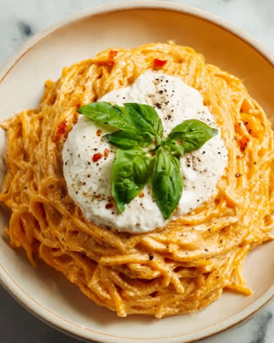The image shows a close-up of a white plate filled with spaghetti coated in a creamy orange sauce with bits of red, possibly tomato. On top of the pasta is a dollop of white creamy cheese, sprinkled with black pepper, and a small bunch of bright green basil leaves placed in the center. The spaghetti strands are twisted into a round pile, and the texture of the sauce looks smooth and rich. The background is a white marbled surface. Photo taken with an iphone --ar 4:5 --v 7