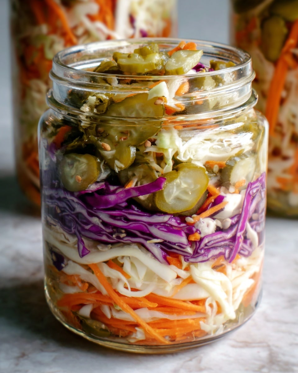 A clear glass jar filled with several layers of colorful coleslaw, including thin strips of white cabbage, orange carrots, and purple cabbage, mixed evenly with a creamy dressing that has a smooth, slightly shiny texture. On top, there are pieces of sliced green pickles, adding a different texture and a glossy look. The jar is open and sits on a white marbled surface, with more jars filled with the same coleslaw visible blurred in the background. Photo taken with an iphone --ar 4:5 --v 7