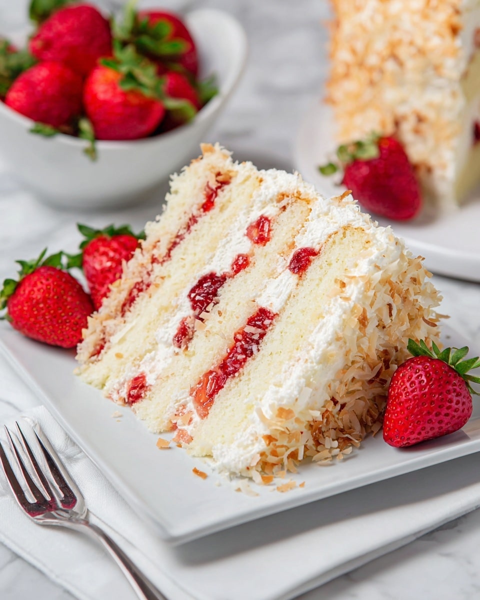 The image shows a slice of three-layer white cake on a white square plate, with each cake layer soft and light yellow in color. Between the layers, there are fresh strawberries cut into pieces and white cream filling spreading thinly but evenly. The outside of the cake is coated with white frosting and toasted shredded coconut giving a slightly brown texture. Next to the cake slice on the plate, there is a whole red strawberry. In the background, blurred, is a white bowl filled with fresh strawberries and another white plate with a cake slice. The setting rests on a white marbled surface with a silver fork beside the plate. Photo taken with an iphone --ar 4:5 --v 7