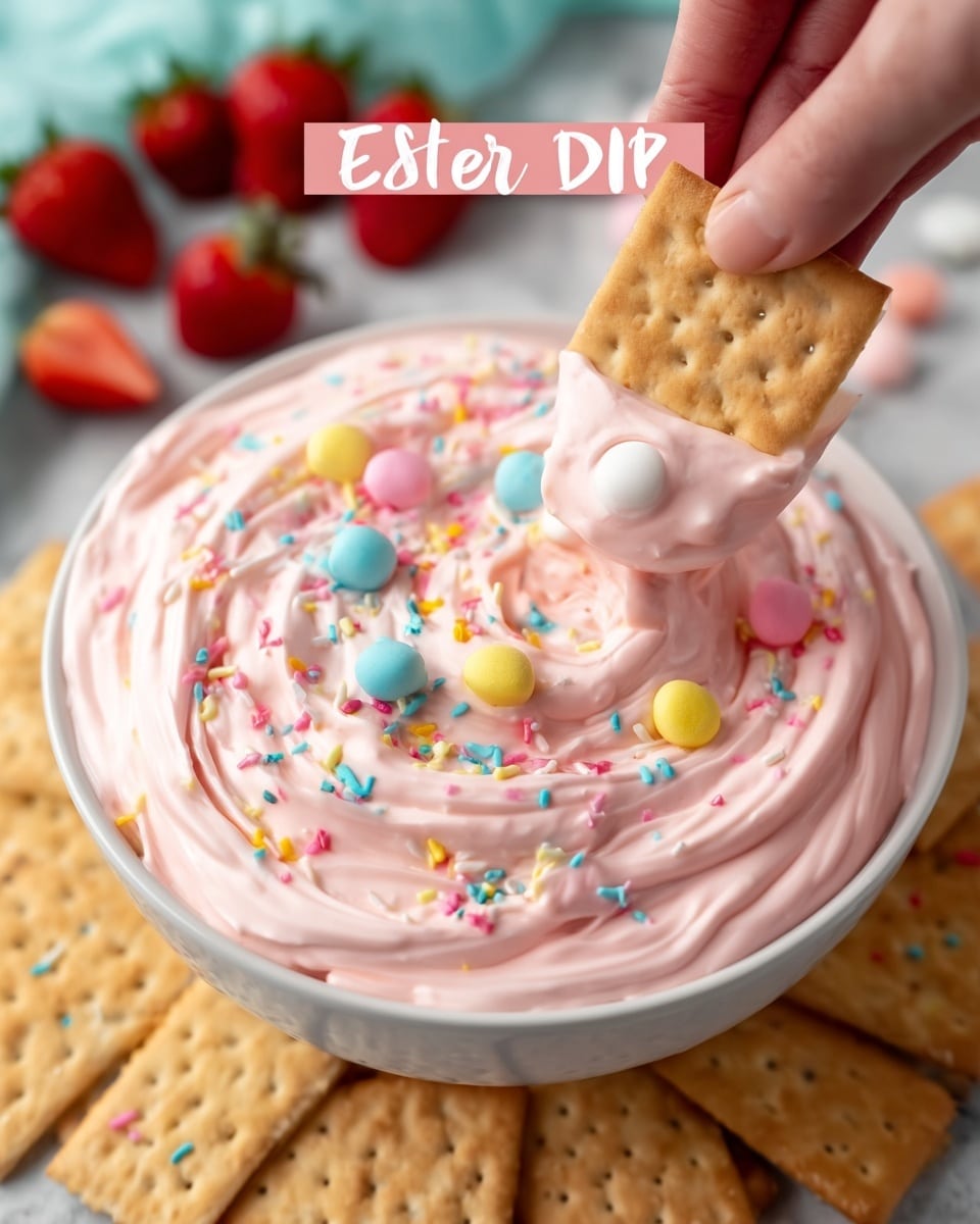 The image shows a white bowl filled with light pink creamy dip swirled smoothly in one thick layer with soft peaks, topped with colorful pastel candy eggs in pink, blue, yellow, and white, along with small multicolored round sprinkles scattered all over the surface. Around the bowl, there are beige round crackers arranged neatly, and a woman's hand is dipping a rectangular beige cracker into the creamy pink dip. The background features red strawberries and more pastel candy eggs placed casually on a white marbled texture surface. photo taken with an iphone --ar 4:5 --v 7