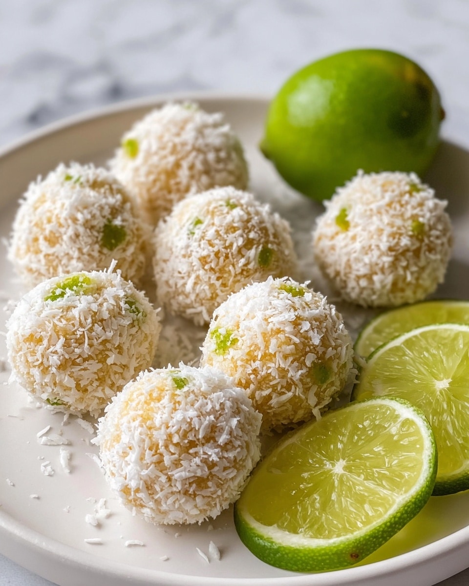 A white plate holds nine small round balls covered in white shredded coconut, showing some light yellow and green bits underneath the coconut, giving them a textured and colorful look. Among the balls are two fresh lime wedges and one whole lime with a bright green color and detailed skin texture. The plate is on a white marbled surface, making the bright colors stand out. photo taken with an iphone --ar 4:5 --v 7