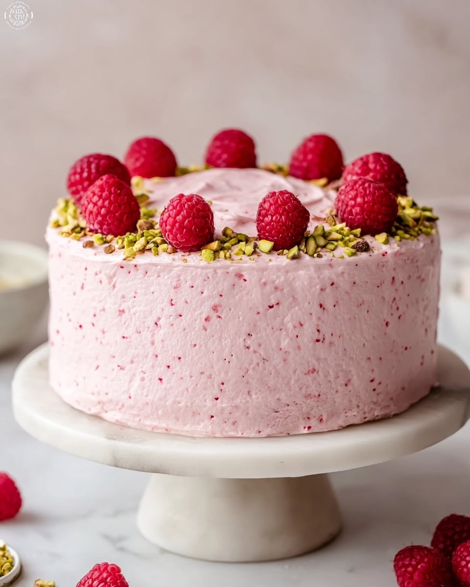The image shows a round cake with two layers covered in smooth, pink frosting with tiny red specks. On top, there are whole fresh raspberries evenly spaced in two rows around the cake's edge and one in the middle. Crushed green pistachios are sprinkled between the raspberries, adding texture and color contrast. The cake sits on a white marble cake stand with a thick base, and the background shows a soft, white marbled surface. Photo taken with an iphone --ar 4:5 --v 7