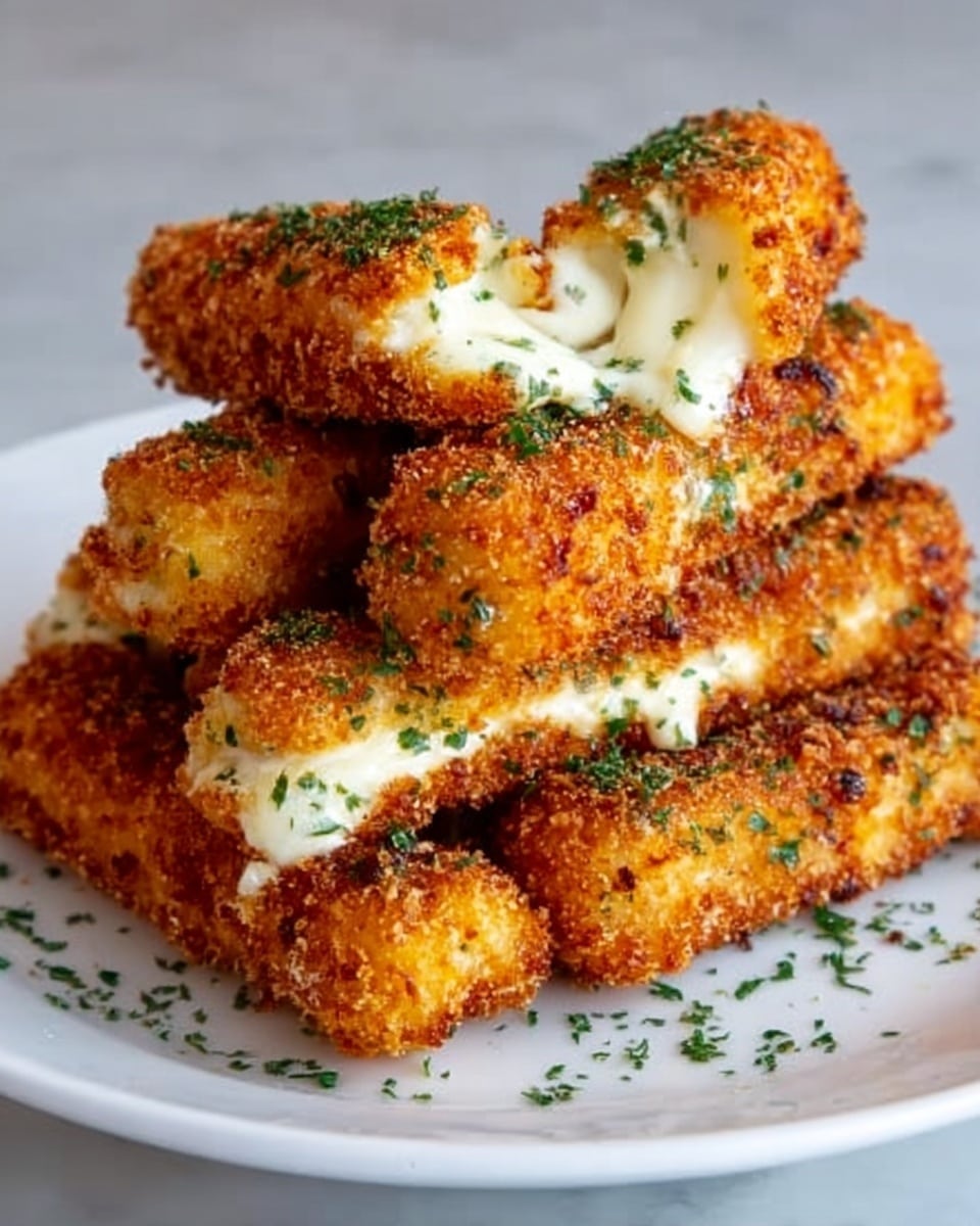 A white plate holds a stack of golden-brown, crispy cheese sticks arranged in a pyramid shape. The cheese sticks have a crunchy, textured breadcrumb coating with some green herbs sprinkled on top, and some melted, gooey cheese is visible oozing out from inside one cheese stick in the middle. The background shows a smooth white marbled surface. photo taken with an iphone --ar 4:5 --v 7