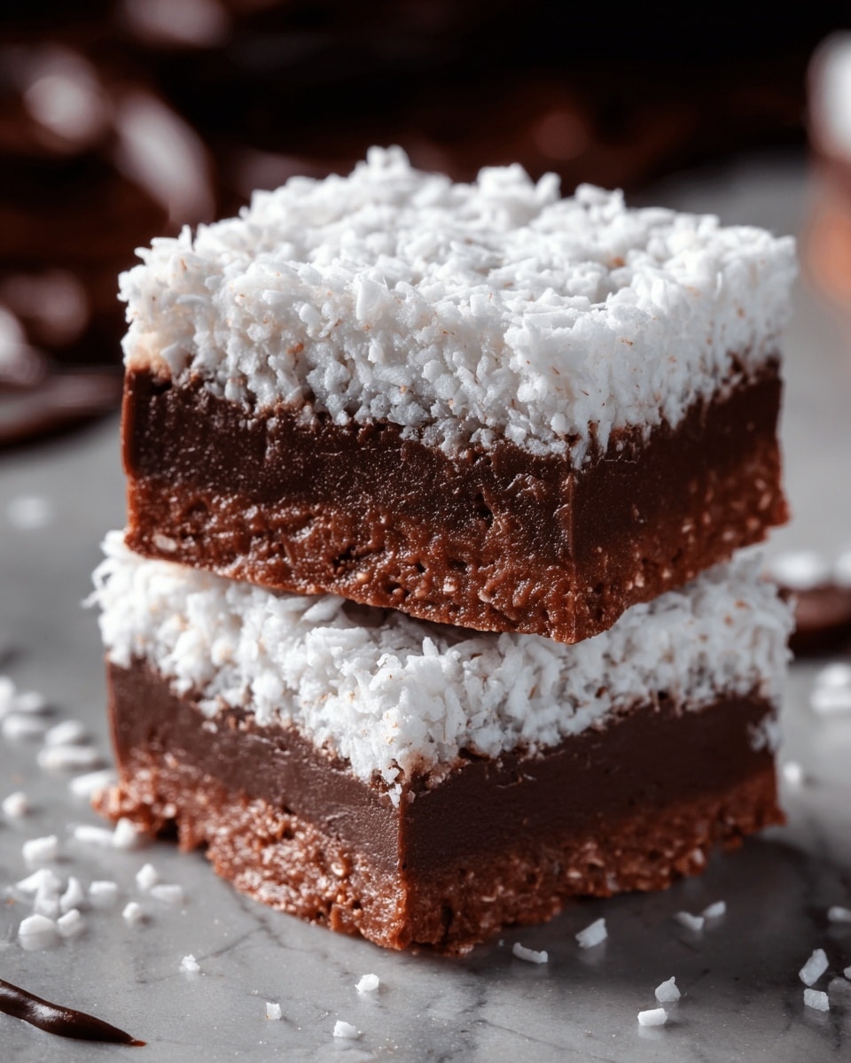 The image shows two square bars stacked on each other with thick layers. Each bar has a dark brown bottom layer with a rough texture, looking like chocolate or fudge. The top layer is white and crumbly, resembling shredded coconut, evenly covering the bars. Small white flakes are scattered around on a white marbled surface. In the background, some smooth dark brown lines create a soft pattern, adding depth to the scene. Photo taken with an iphone --ar 4:5 --v 7