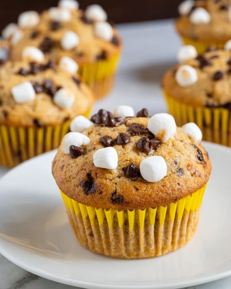 A close-up view of several muffins in yellow paper liners with white patterns, each topped with small white marshmallows and dark chocolate chips spread evenly across the golden-brown muffin surface. The muffins have a textured, slightly cracked top showing their soft inside. They are placed on a white plate resting on a white marbled surface, with a few loose chocolate chips scattered nearby, and a blurred background showing more muffins. photo taken with an iphone --ar 4:5 --v 7
