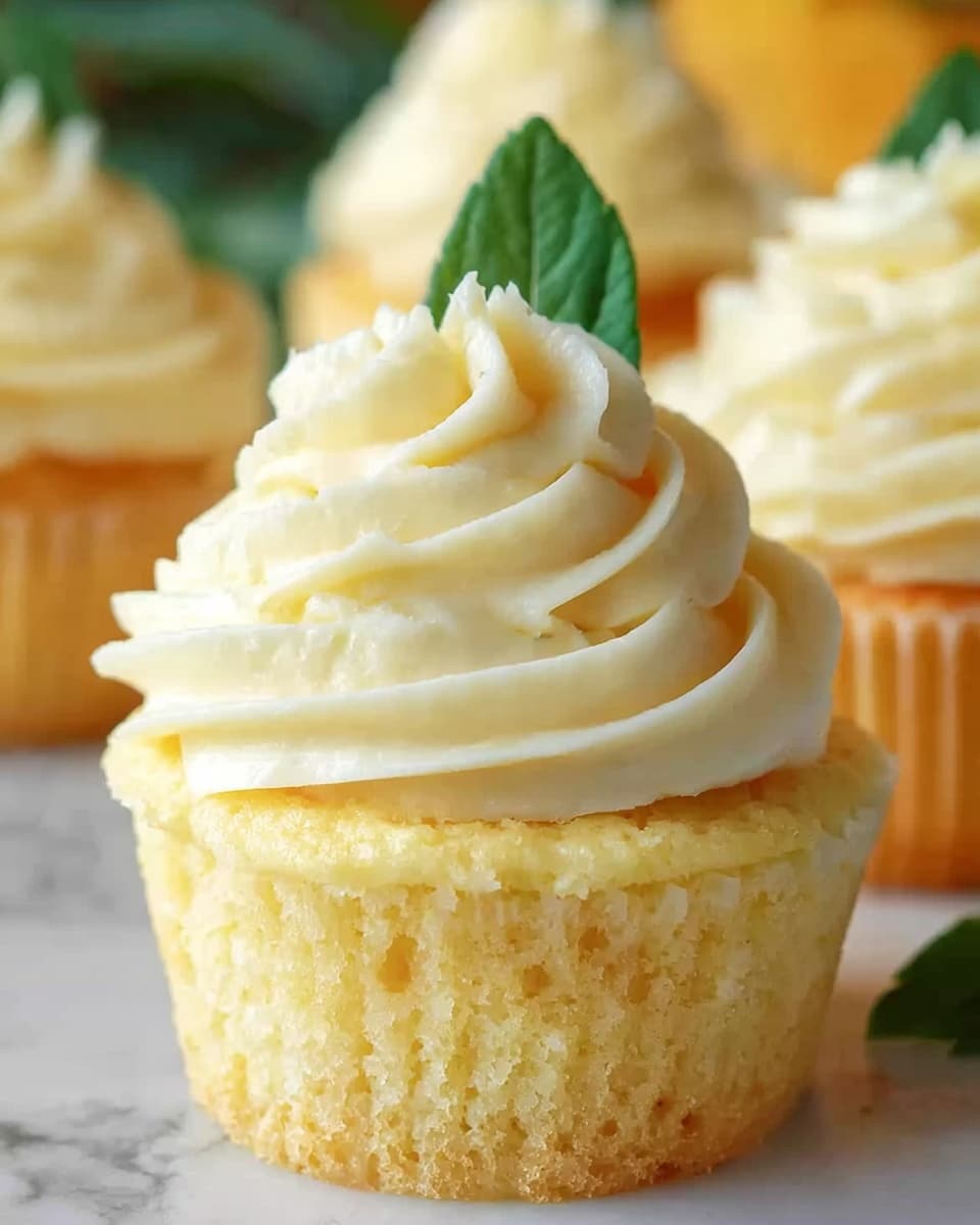 The image shows a close-up of a light yellow cupcake with two layers: a soft, moist cake base with a smooth texture, and a thick, creamy swirl of pale yellow frosting on top, neatly piped in a circular pattern ending in a point. The cupcake liner is light beige, and a decorative dark green leaf with clear vein details is placed at the back, slightly rising from the frosting. The background has a soft, blurred look with more cupcakes visible but out of focus, all sitting on a white marbled surface. Photo taken with an iphone --ar 4:5 --v 7