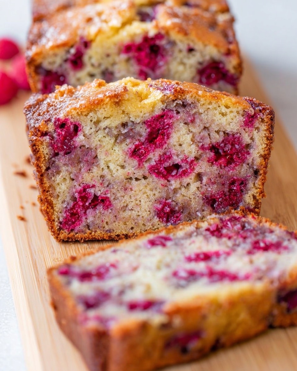 A close-up of a thick slice of moist cake filled with bright red raspberries, showing a golden-brown crust on the top and edges. The inside of the cake looks soft and dense with many raspberries spread evenly through the light beige crumb. The slice rests on a light wooden board with the rest of the cake cut into pieces in the background on the same board. The white marbled texture surface underneath adds a clean, bright contrast to the warm tones of the cake and wood. photo taken with an iphone --ar 4:5 --v 7