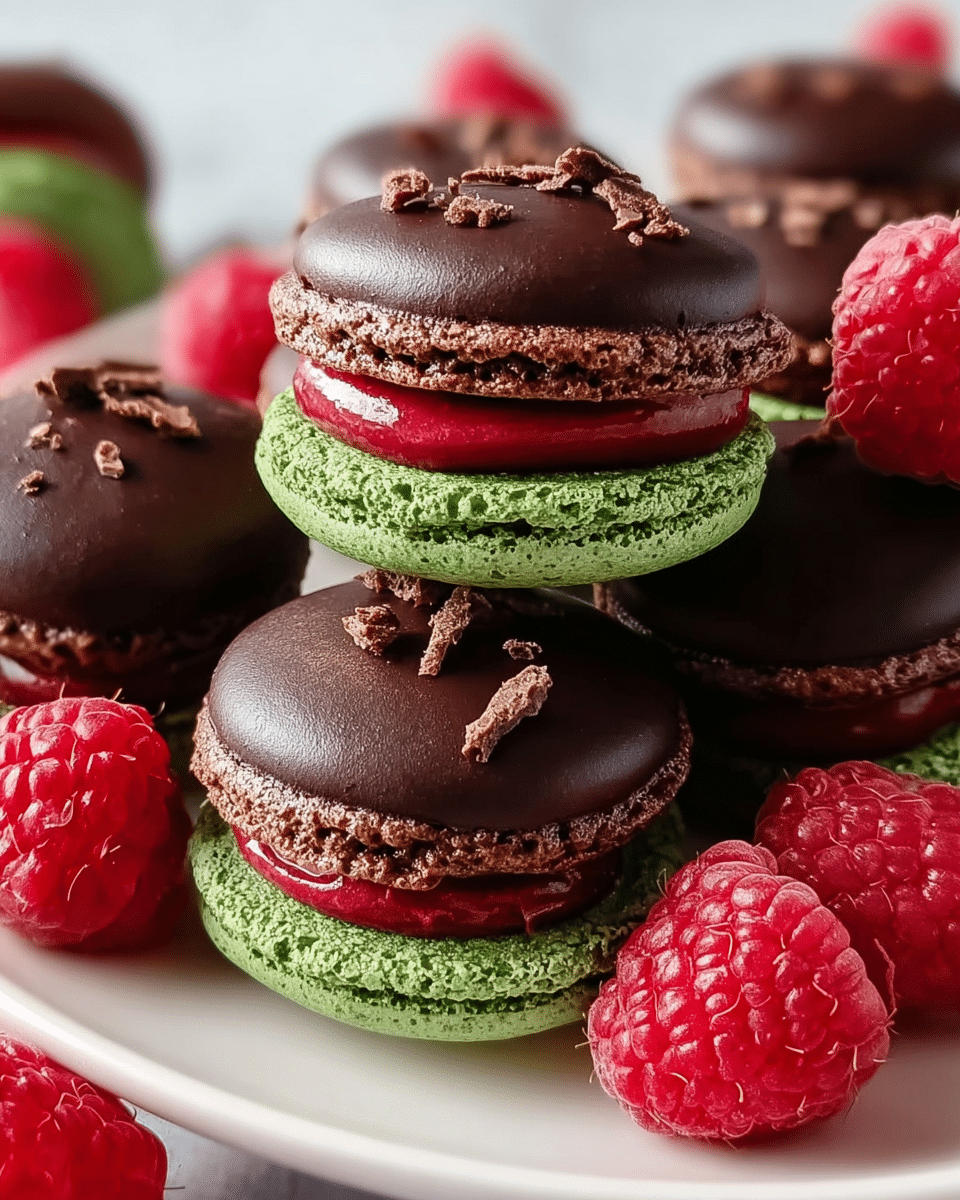 The image shows several chocolate macarons resting on a white plate with a white marbled texture background. Each macaron has three visible layers: the top and bottom layers are smooth, dark chocolate shells with a shiny finish and small chocolate flakes sprinkled on top, while the middle layer is a bright green, slightly rough textured filling. Between the green filling and the bottom shell, there is a vivid red, glossy cream layer that looks soft and smooth. Fresh, plump raspberries with a textured surface are scattered around the macarons on the plate, adding a vibrant red contrast to the dark and green tones. Photo taken with an iphone --ar 4:5 --v 7