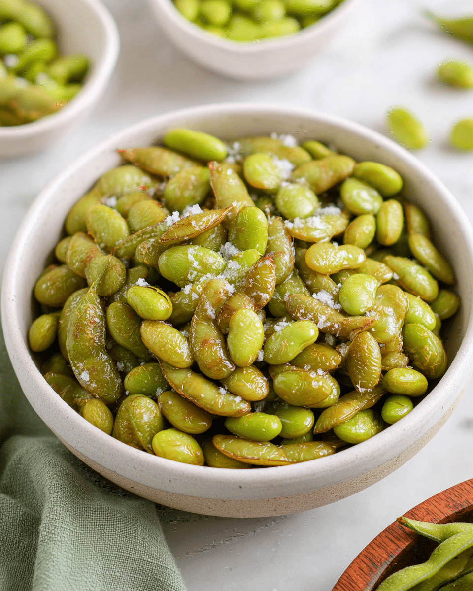 A close-up view of a white bowl full of cooked, green edamame beans that have a slightly shiny texture, with some beans showing a slight golden-brown roast. The top layer is sprinkled lightly with coarse sea salt, adding small white flakes that contrast with the green beans. The bowl is set on a white marbled surface with additional smaller white bowls of similar edamame beans in the blurred background and a green cloth and fresh edamame pods nearby, creating a simple and fresh setting. Photo taken with an iphone --ar 4:5 --v 7