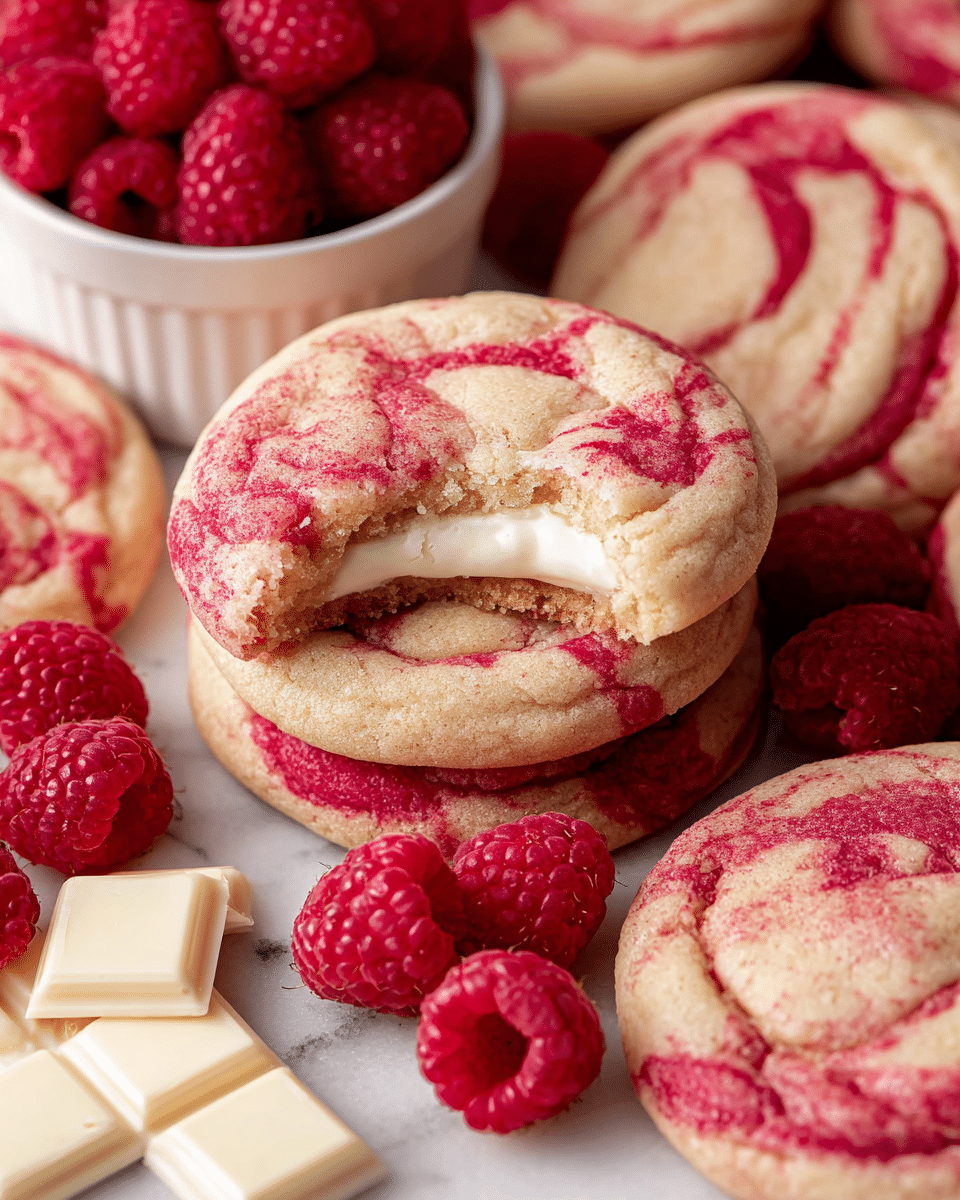 The image shows soft cookies with a marbled pattern of light beige and bright red swirls on the top layer. One cookie near the center has a bite taken from it, revealing a thin, light brown bottom layer that looks crisp, and a thick, smooth white middle layer that appears creamy. The cookies are stacked and spread around on a white marbled surface. Bright red raspberries are scattered in between the cookies, and there are a few white chocolate squares near the front. A white bowl filled with fresh raspberries is partially visible in the top left corner. Photo taken with an iphone --ar 4:5 --v 7