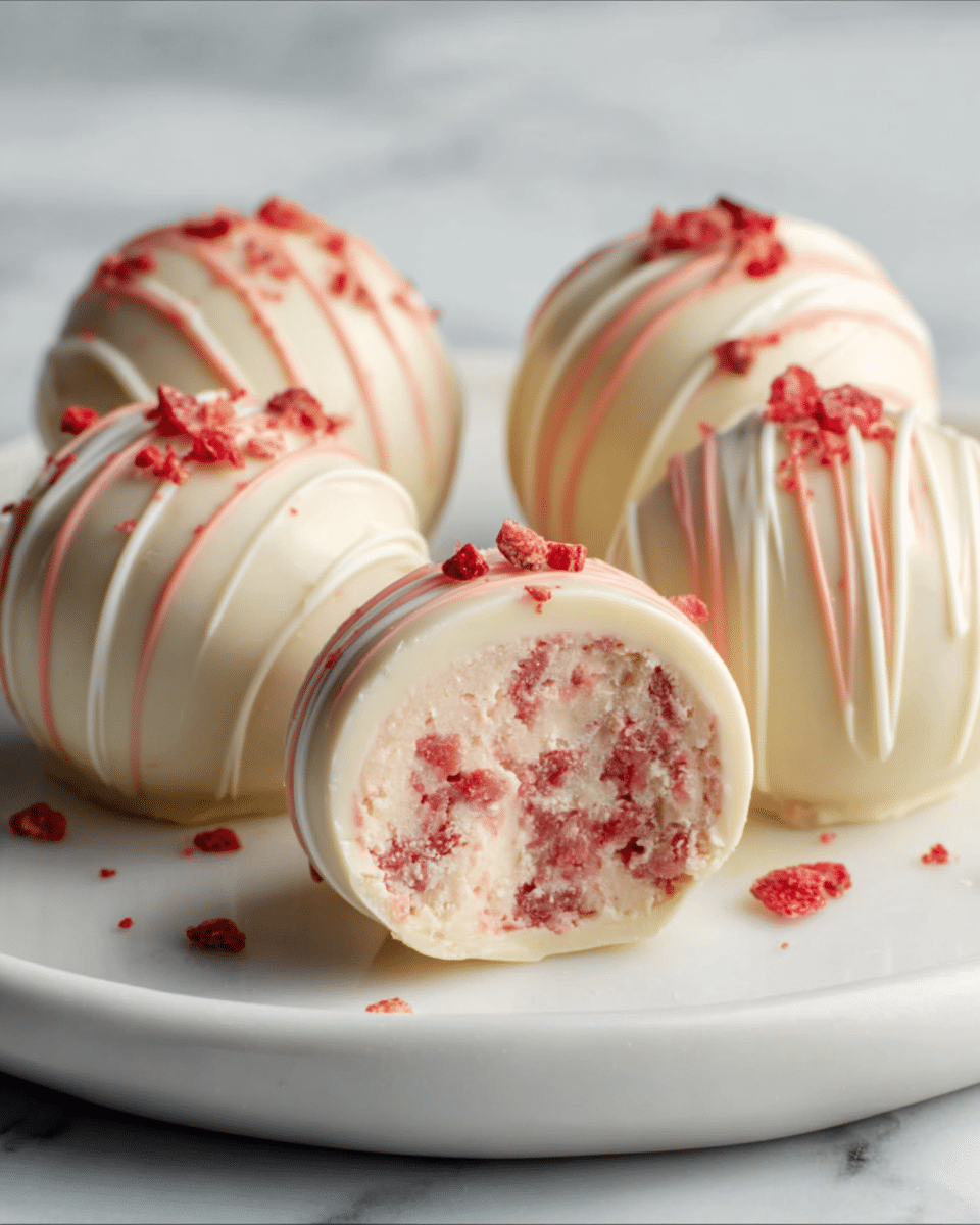 The image shows five round white chocolate truffles placed on a white plate, which sits on a white marbled surface. One truffle is cut in half in front, revealing a creamy pink and white inside with small red bits mixed through. The outside layer of each truffle is smooth and creamy white, with a few red pieces scattered on top and some thin white lines drizzled across the surface. The overall look is clean and soft, with a pop of red color from the bits on top and inside. photo taken with an iphone --ar 4:5 --v 7