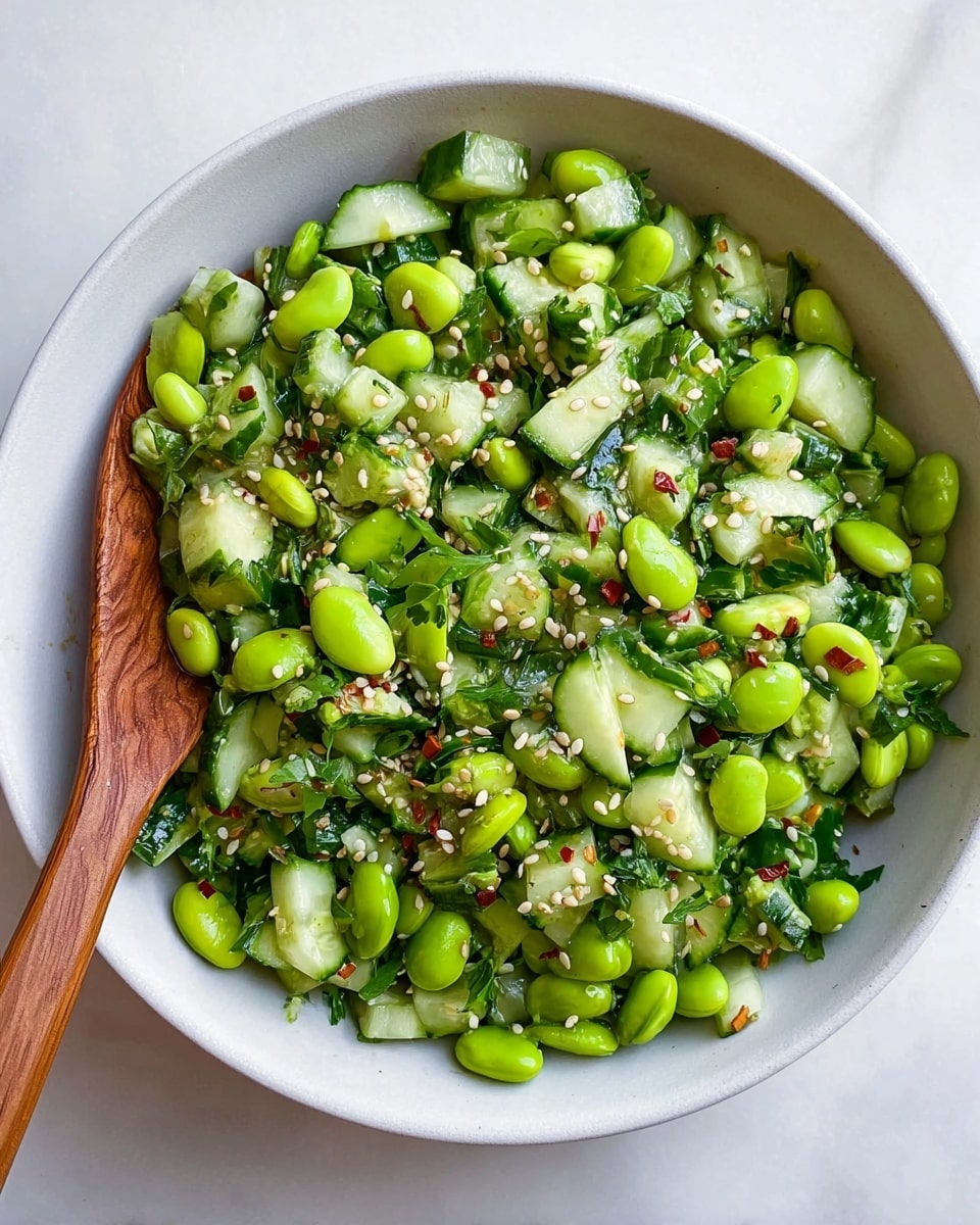 A white bowl filled with a green salad made of two main layers: light green edamame beans and darker green chopped cucumber pieces, both mixed with small bits of leafy herbs. The salad is sprinkled with white sesame seeds and a few scattered red chili flakes. A wooden spoon is partially buried on the left side of the bowl, all placed on a white marbled surface. photo taken with an iphone --ar 4:5 --v 7