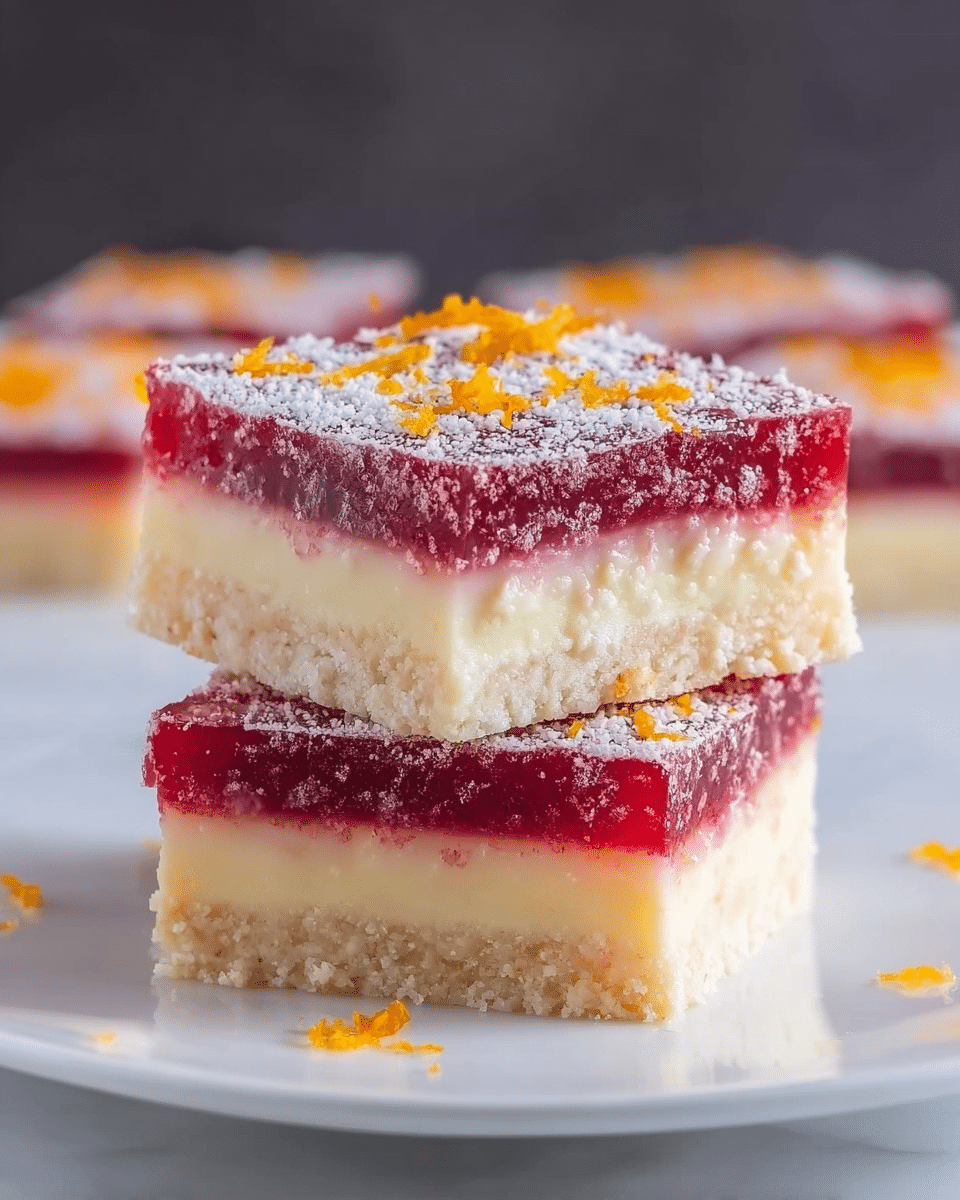 The image shows two square dessert bars stacked on top of each other on a white plate. Each bar has three clear layers: the bottom layer is light beige and crumbly, the middle layer is creamy and off-white, and the top layer is a thick, deep red-pink jelly-like layer with a slightly rough texture. The top bar is decorated with small orange zest bits and white powdered sugar scattered on the red layer and plate. The background is a white marbled surface with a soft gray backdrop. photo taken with an iphone --ar 4:5 --v 7