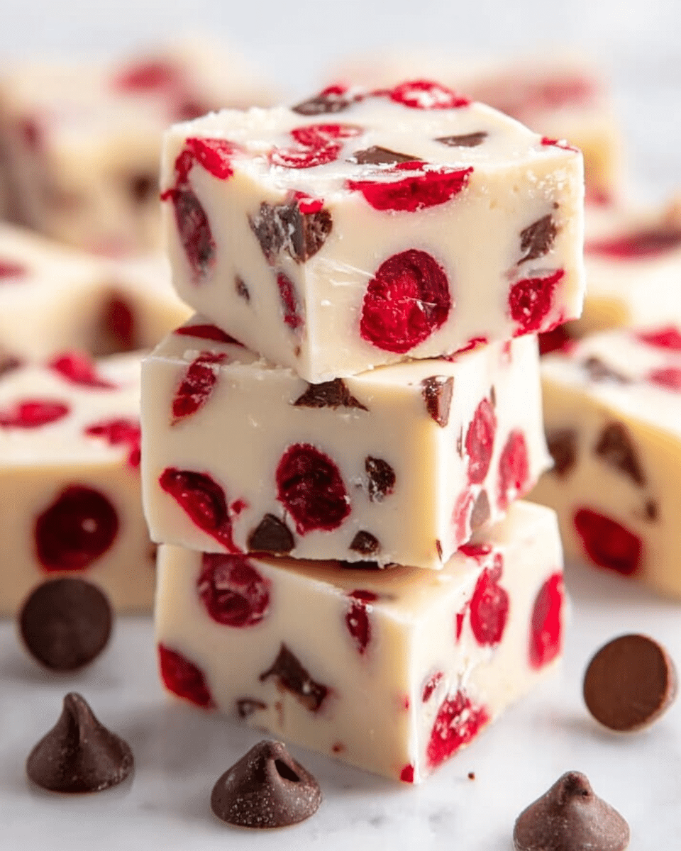 The image shows a close-up of several square pieces of white fudge stacked on a white marbled surface. Each fudge piece has two main layers, both creamy white with a smooth and slightly shiny texture. Inside the fudge, there are bright red cherry pieces evenly spread throughout, and small dark brown chocolate chips are also mixed in, creating a colorful contrast. Some chocolate chips are scattered around the base of the fudge stack, adding extra detail. The overall look is rich and inviting, with the red cherries and brown chips standing out against the white fudge. photo taken with an iphone --ar 4:5 --v 7