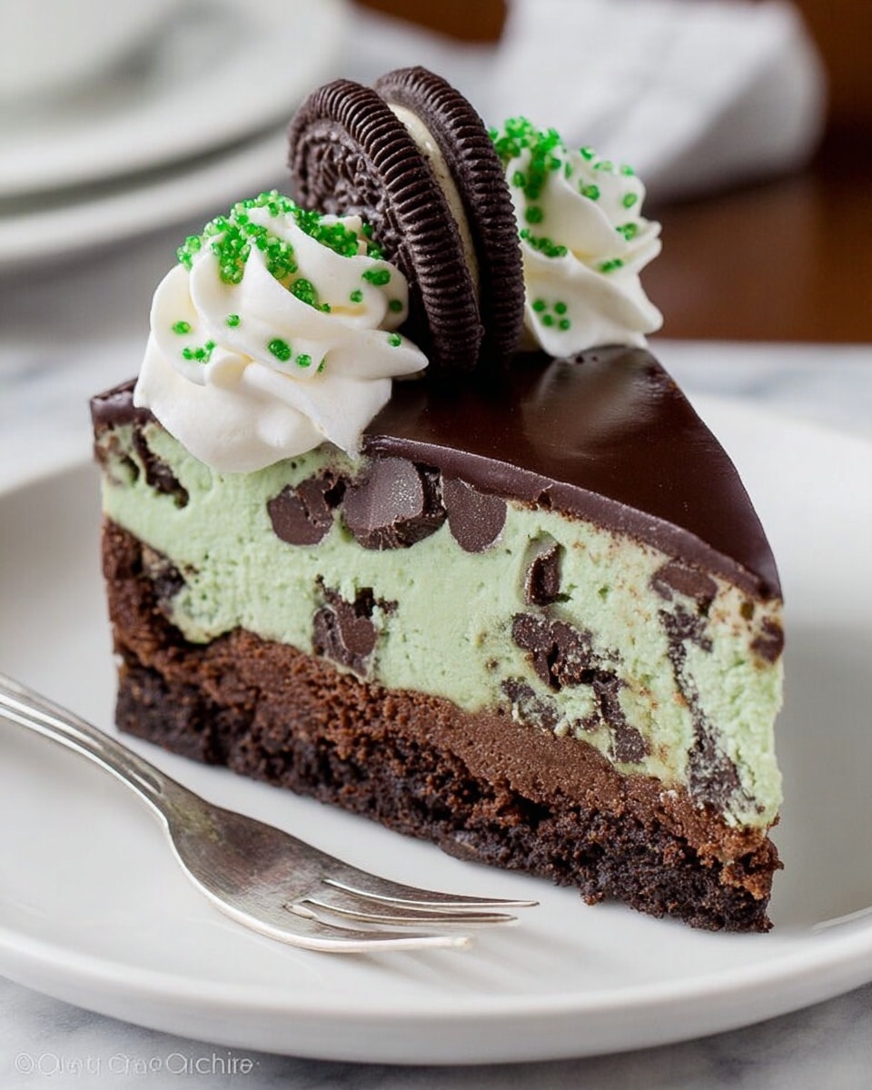A slice of cake showing three layers stands on a white plate with a silver fork beside it, placed on a white marbled texture surface. The bottom layer is a dark brown, dense chocolate crust with visible chunks, topped by a thick middle layer of light green mint cream mixed with dark chocolate bits. The top layer is a smooth, shiny dark chocolate ganache. On top of the cake slice, there are two white whipped cream swirls decorated with small green and white sprinkles, each topped with a half chocolate mint patty. Photo taken with an iphone --ar 4:5 --v 7