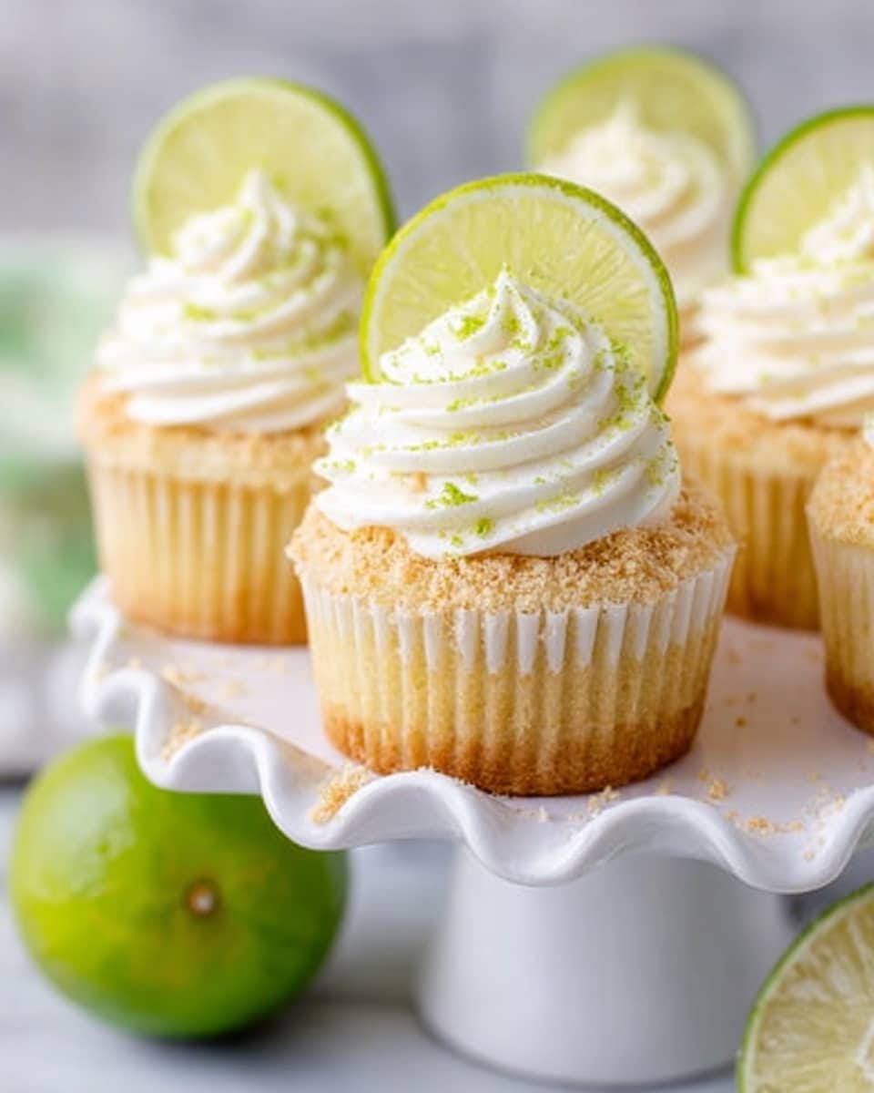 The image shows four cupcakes on a white greenish cake stand with a white marbled background. Each cupcake has a light yellow base with a crumb layer around its edge. On top, there is a thick swirl of white frosting, decorated with a thin slice of green lime placed upright in the frosting. Some crumbs are lightly sprinkled on top of the frosting. In the front, there is a half lime lying flat with its juicy, textured green inside visible. The scene looks bright and fresh, with soft light highlighting the creamy and textured details. Photo taken with an iphone --ar 4:5 --v 7