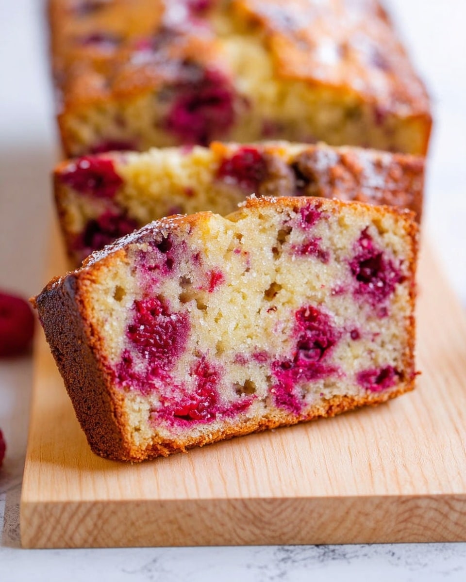 A close-up of a slice of berry loaf cake resting on a light wooden board, with the rest of the loaf behind it. The cake has a golden-brown crust with a slightly rough texture, and the inside is light beige with many bright pink and red berries scattered throughout, giving it a moist look. The crumbs around the edges add a rich detail to the crust’s crunchiness. The wooden board is placed on a white marbled surface with crumbs scattered nearby. Photo taken with an iphone --ar 4:5 --v 7
