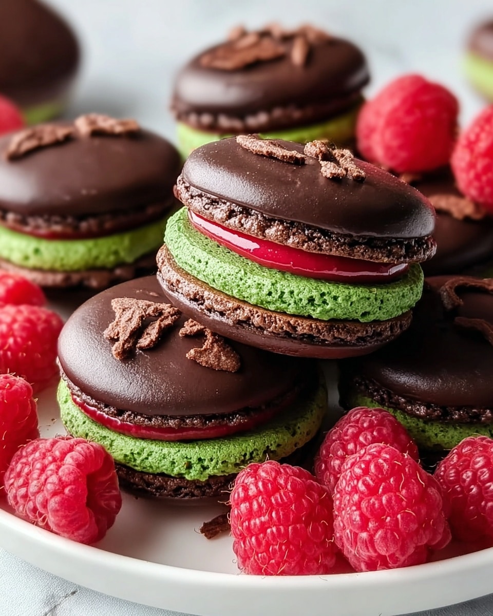 The image shows several chocolate macarons with three layers each: a dark chocolate top and bottom shell with a smooth, shiny surface sprinkled with tiny chocolate flakes, and a vibrant green middle layer with a slightly rough texture. Between the green layer and the bottom shell, there is a bright red glossy filling, thick and smoothly spread. The macarons are placed on a white plate, surrounded by fresh red raspberries, some resting against the macarons, all on a white marbled surface. The view is close-up, highlighting textures and colors vividly. Photo taken with an iphone --ar 4:5 --v 7
