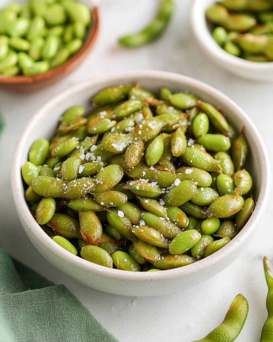 A white ceramic bowl filled with one layer of roasted edamame beans, showing a mix of green and slightly brownish colors with a shiny texture, sprinkled lightly with coarse sea salt. The bowl sits on a white marbled surface, with some loose edamame beans scattered nearby. In the background, there are two more white bowls with similar edamame, one resting partially on a woven light brown mat. A green cloth is also visible next to the main bowl. Photo taken with an iphone --ar 4:5 --v 7