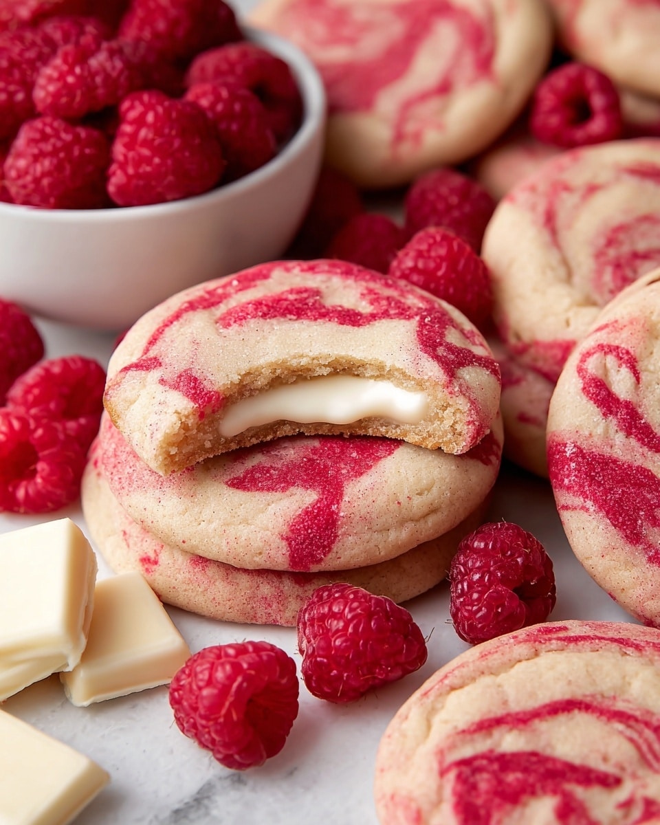 A group of soft round cookies with a pale beige dough and bright red swirls on top fill the image, some stacked two high and one cookie with a bite taken showing three layers: a light crumbly bottom, a thick white creamy middle, and the marbled dough top. A few fresh red raspberries are scattered around the cookies, along with two small pieces of white chocolate on the white marbled surface below. In the background, part of a white bowl filled with fresh raspberries peeks into the frame. The cookies have a slightly grainy sugary texture, and the overall scene is bright and colorful. photo taken with an iphone --ar 4:5 --v 7