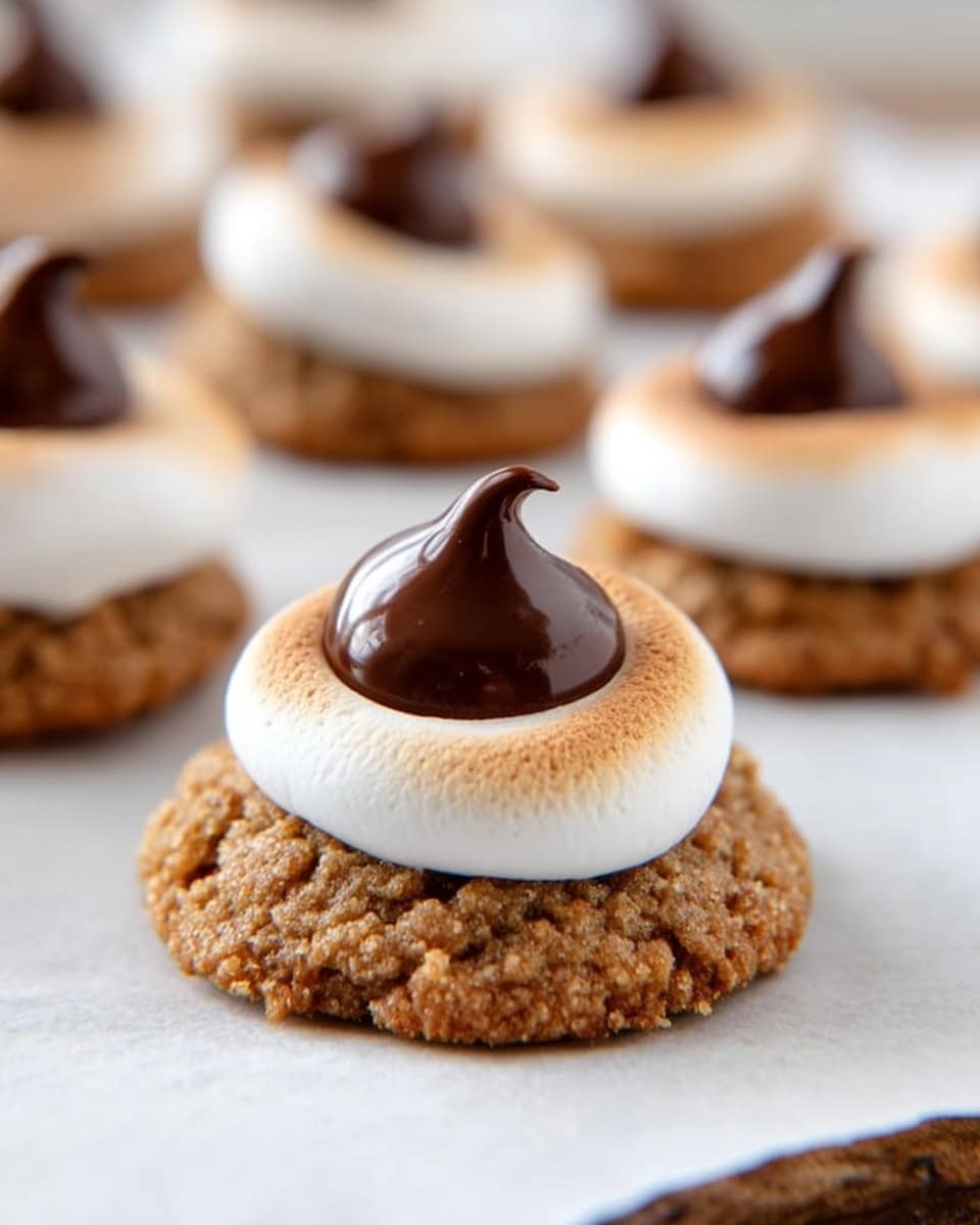 The image shows round cookies with a rough light brown base that looks crumbly and slightly grainy. Each cookie has a layer of smooth white marshmallow cream on top, shaped as a circle with a slightly toasted edge, giving it a soft golden brown color. In the center of the marshmallow, there is a dark brown chocolate kiss with a glossy texture and a pointed top, standing upright. The cookies are arranged closely together on a piece of white parchment paper, all set against a white marbled surface in the background. photo taken with an iphone --ar 4:5 --v 7