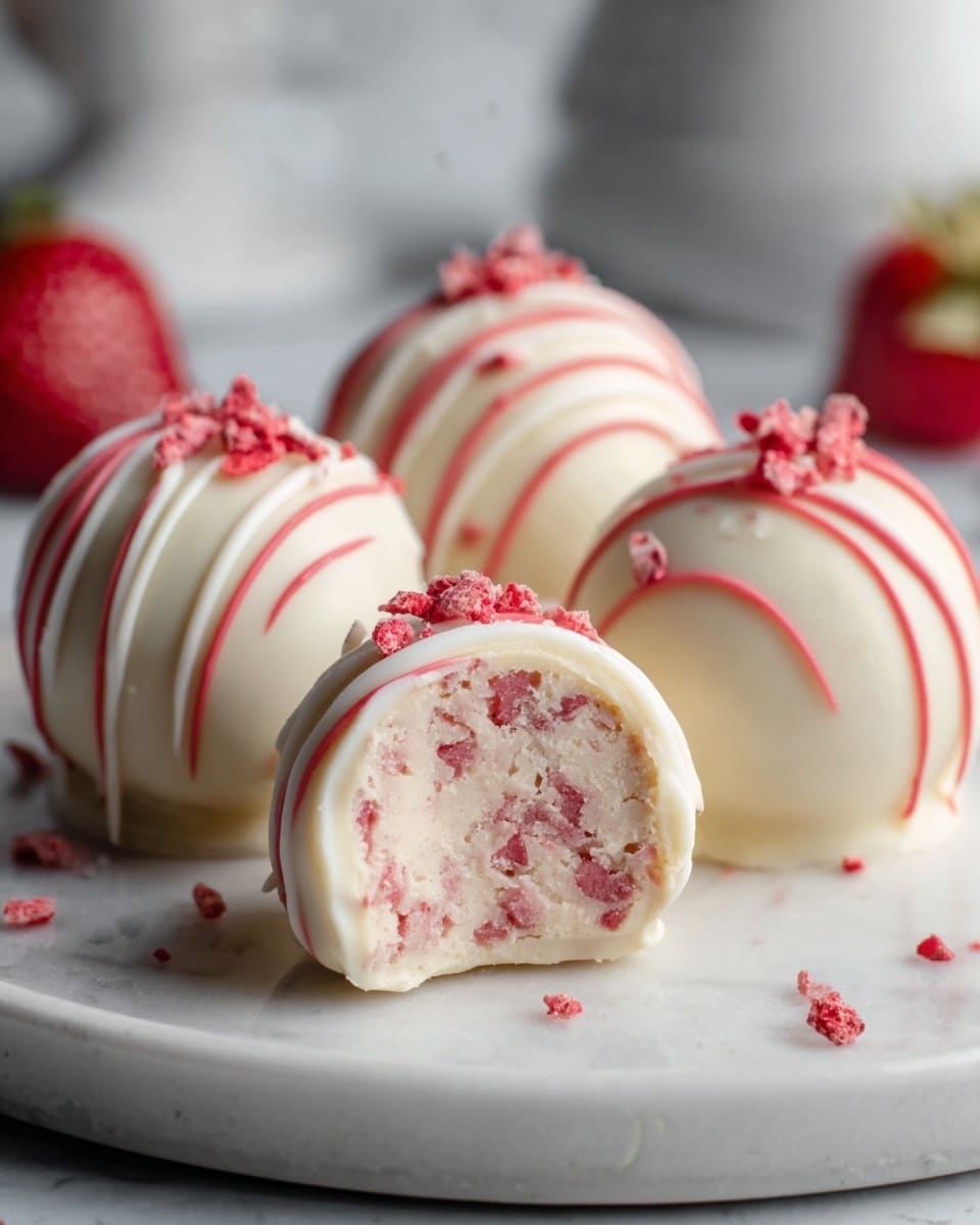 The image shows a group of six smooth white chocolate-covered balls arranged on a round white plate on a white marbled surface. One ball in the front is cut in half, revealing a creamy light pink inside with small red bits mixed throughout. The white chocolate coating is thick and shiny, with red crumbles decorating the top of each ball and scattered lightly around the plate. The scene looks bright and clean with soft natural light highlighting the textures. photo taken with an iphone --ar 4:5 --v 7