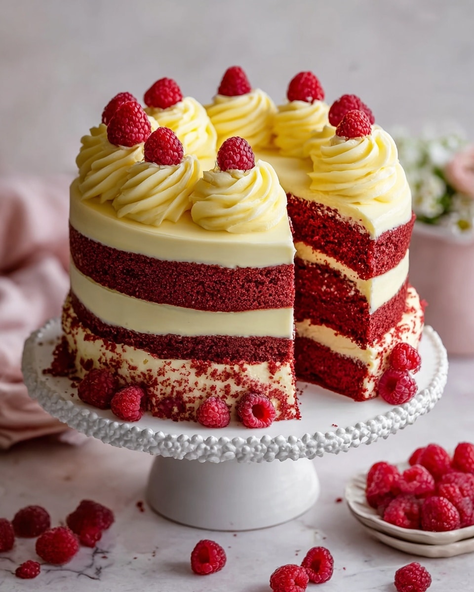The image shows a three-layer round cake with deep red sponge layers separated by thick, creamy white frosting. The cake is fully covered with pale yellow frosting on all sides. On top, there are large swirls of the same pale yellow frosting arranged in a circle, each topped with a fresh, bright red raspberry. Additional swirls of frosting and raspberries are placed around the base of the cake. The cake sits on a white cake stand with a soft pink pedestal, and the background has a white marbled texture with some out-of-focus pink flowers and a teacup. Photo taken with an iphone --ar 4:5 --v 7