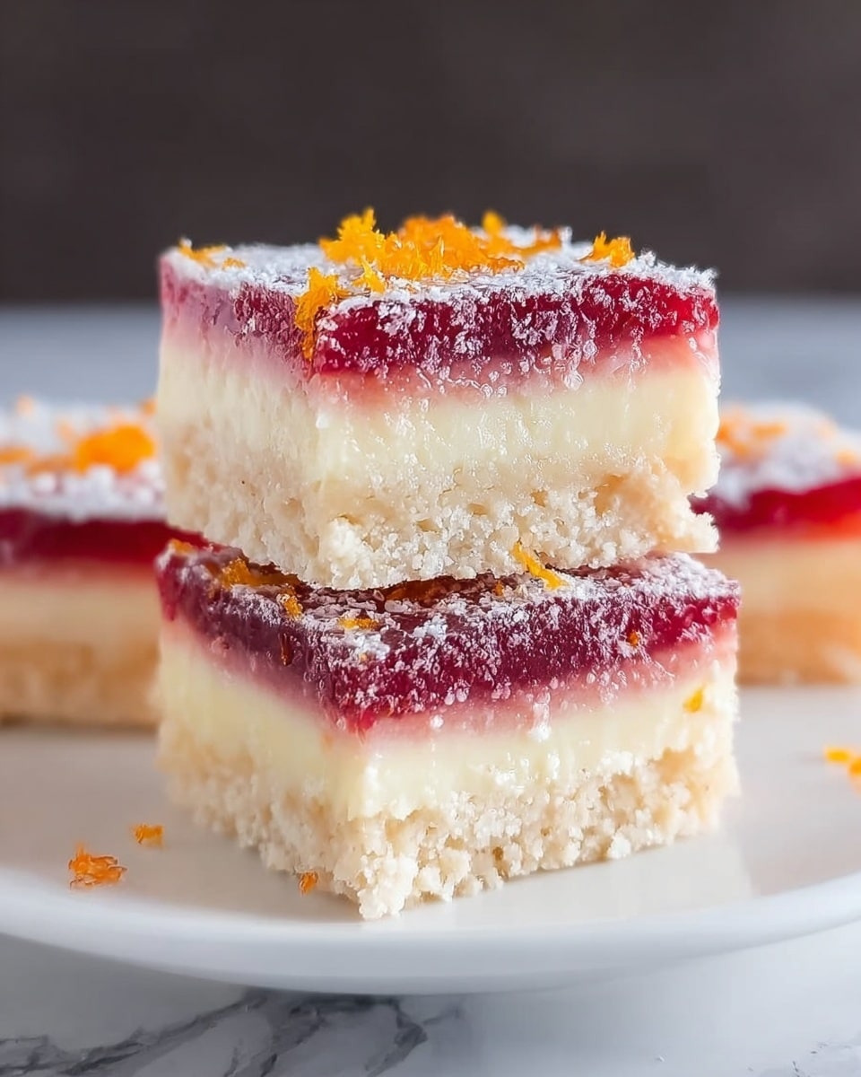 The image shows three stacked dessert bars on a white plate, set on a white marbled surface. Each bar has three layers: the bottom layer is a pale, crumbly crust; the middle layer is creamy white and smooth; the top layer is a thick, deep red fruit topping with a slightly uneven texture. The top bar is decorated with a small orange zest garnish, and some orange zest pieces are scattered around the plate. Photo taken with an iphone --ar 4:5 --v 7