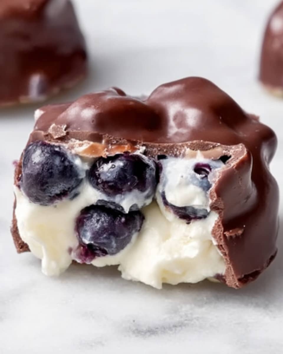 A close-up image showing a small dessert piece covered in smooth, shiny milk chocolate. The top layer is the chocolate coating with an uneven, slightly rounded shape. Inside, a creamy white layer is visible, soft and thick, with whole dark blue blueberries embedded inside it. The blueberries peek out slightly, showing their smooth skin with a light sheen. The dessert rests on a white marbled surface. Photo taken with an iphone --ar 4:5 --v 7