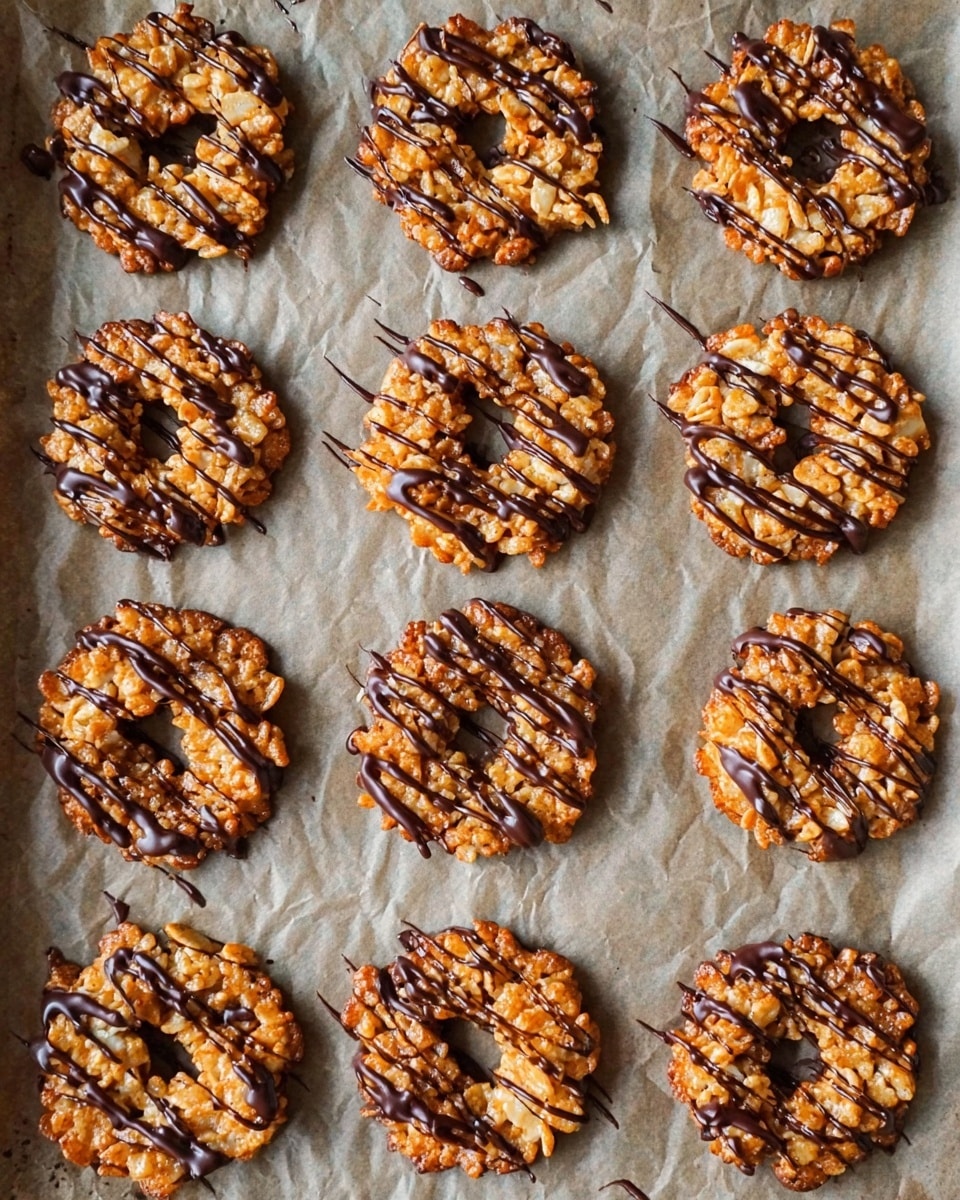 Fifteen round cookies arranged in five rows of three on parchment paper over a white marbled surface. Each cookie has two main layers: a base layer of light golden-brown dough and a top layer decorated with a textured mix of crispy cereal and caramel-like coating. Drizzled dark brown chocolate lines run across each cookie in random patterns, adding a shiny contrast. The cookies have a ring shape with small holes in the center and appear crunchy with some chocolate drips on the parchment paper around them. photo taken with an iphone --ar 4:5 --v 7