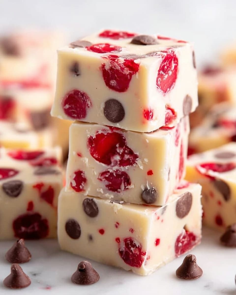 A stack of three square pieces of white fudge with a smooth, creamy texture. Each piece is filled with bright red cherry chunks evenly spread throughout, and dark brown chocolate chips also embedded in the fudge, creating a colorful contrast against the pale base. The top piece shows scattered chocolate chips on its surface. The pieces are placed on a white marbled surface with more chocolate chips and small fudge crumbs around. The overall look is rich and inviting, with sharp edges and vibrant colors. photo taken with an iphone --ar 4:5 --v 7